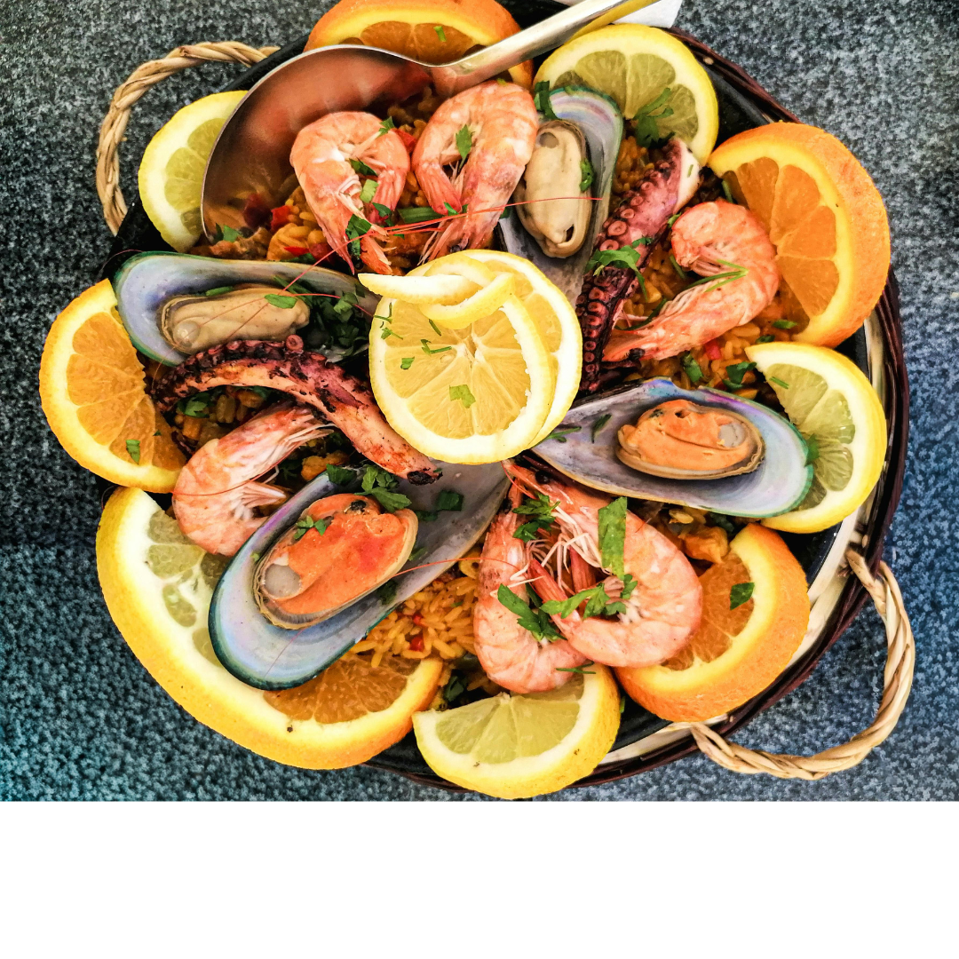 Fresh Baja-style meal with seafood and sides